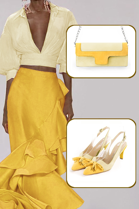 Women's yellow and meadow green elegant slingback heels, with a bow on the front. Tapered toe. Medium slim heel - Top view
